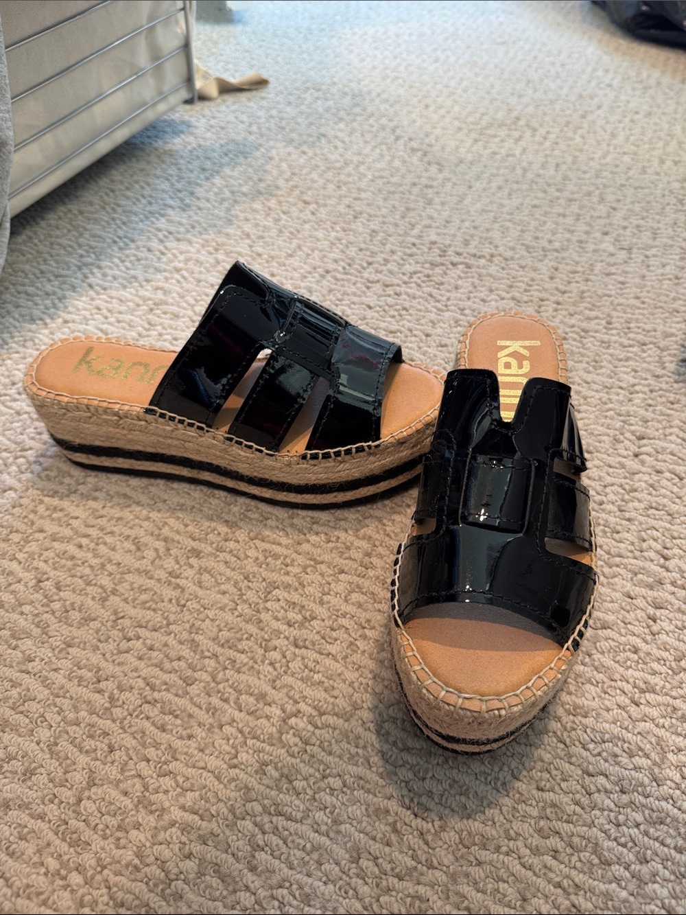 kanna Black Patent Espadrille Platform Slide Mules